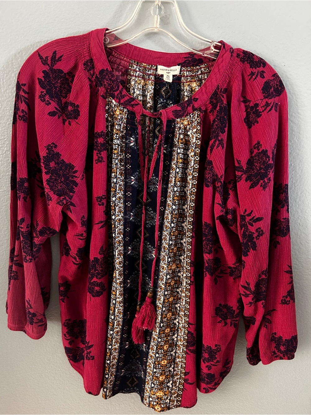 Women’s Boho Floral Peasant Top in Berry with Tassel Tie Size XL